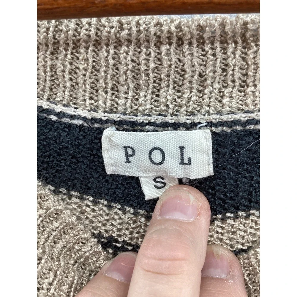 POL Striped Distressed Hem Sweater Charcoal Tan Boho Grunge SMST151 Womens Small